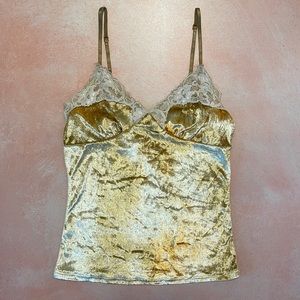 Honey Punch Yellow Gold Crushed Velvet Bustier Cami Camisole Lace Crop Top - XS